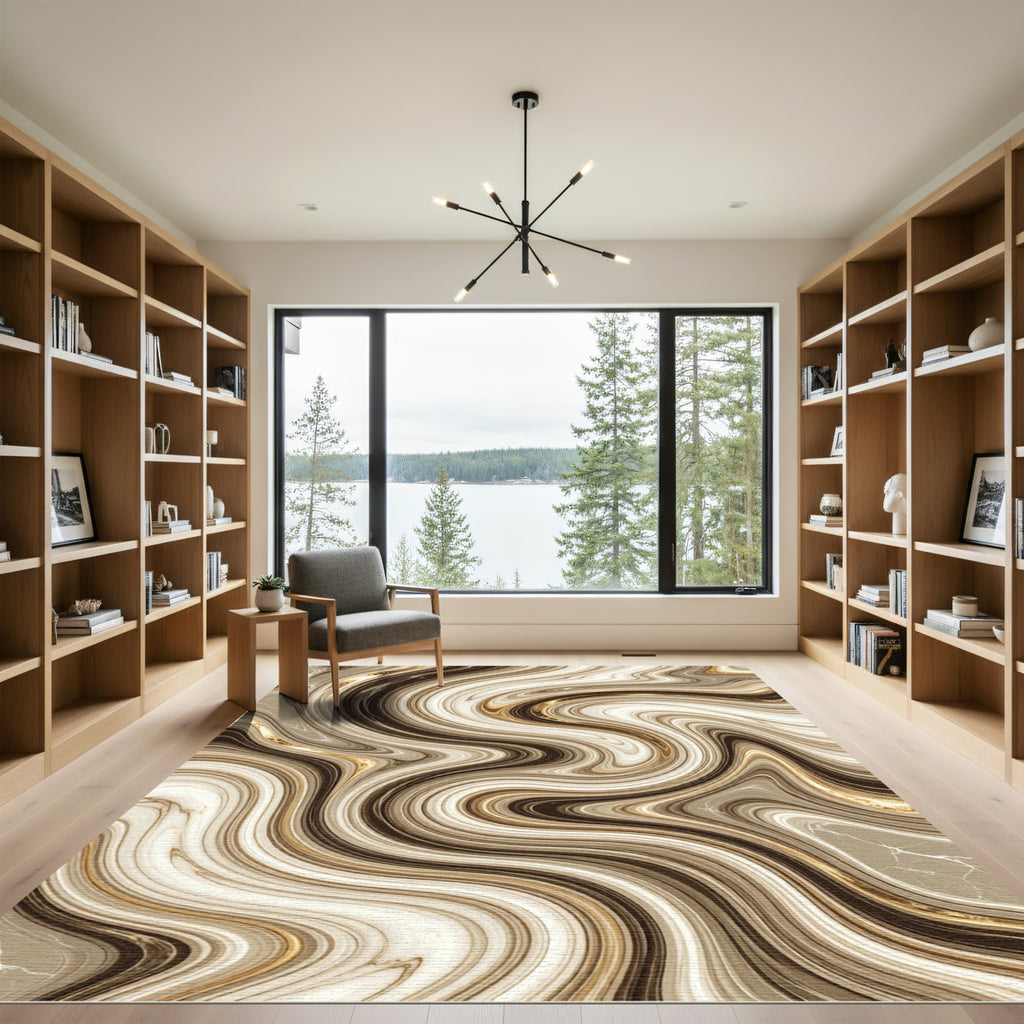 Elegant Cream Marble Swirl Gold Rug