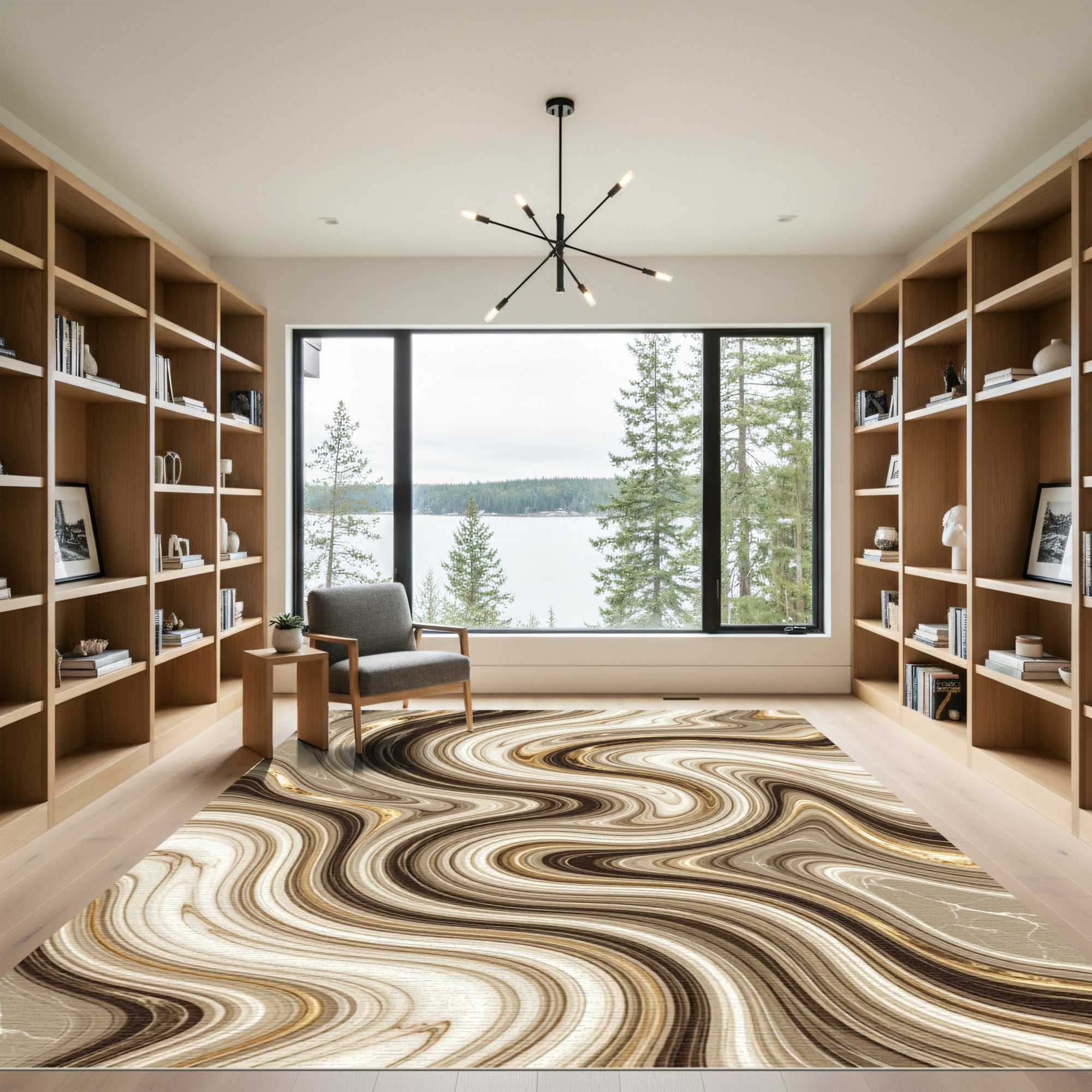 Elegant Cream Marble Swirl Gold Rug