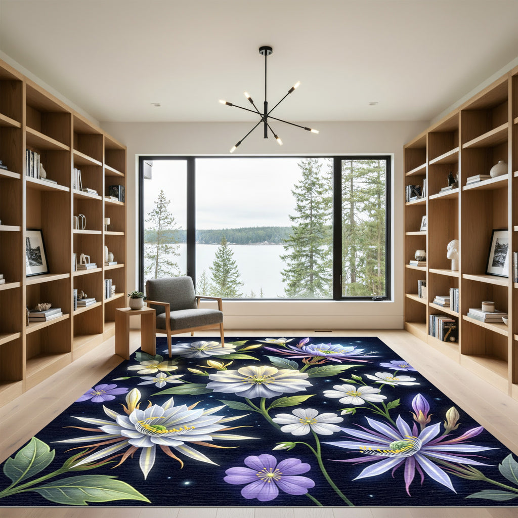 Luminous Celestial Floral Midnight Garden Rug