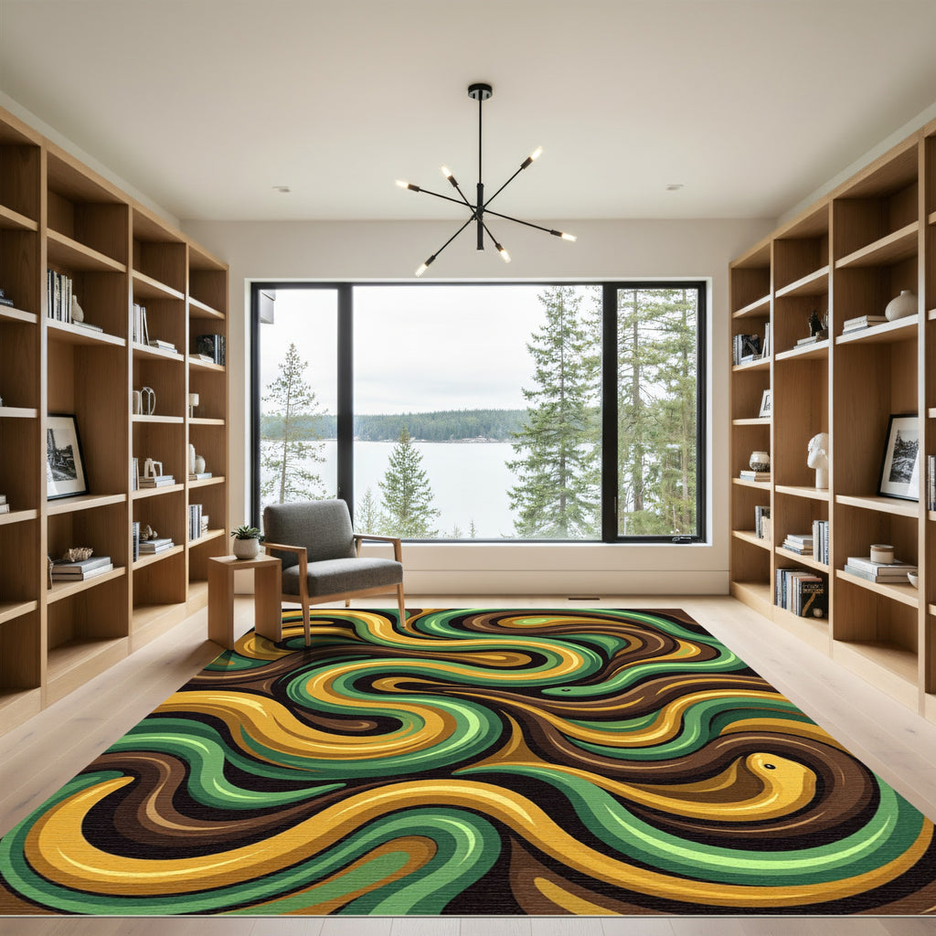 Swirling Ocher and Forest Green Serpents Rug