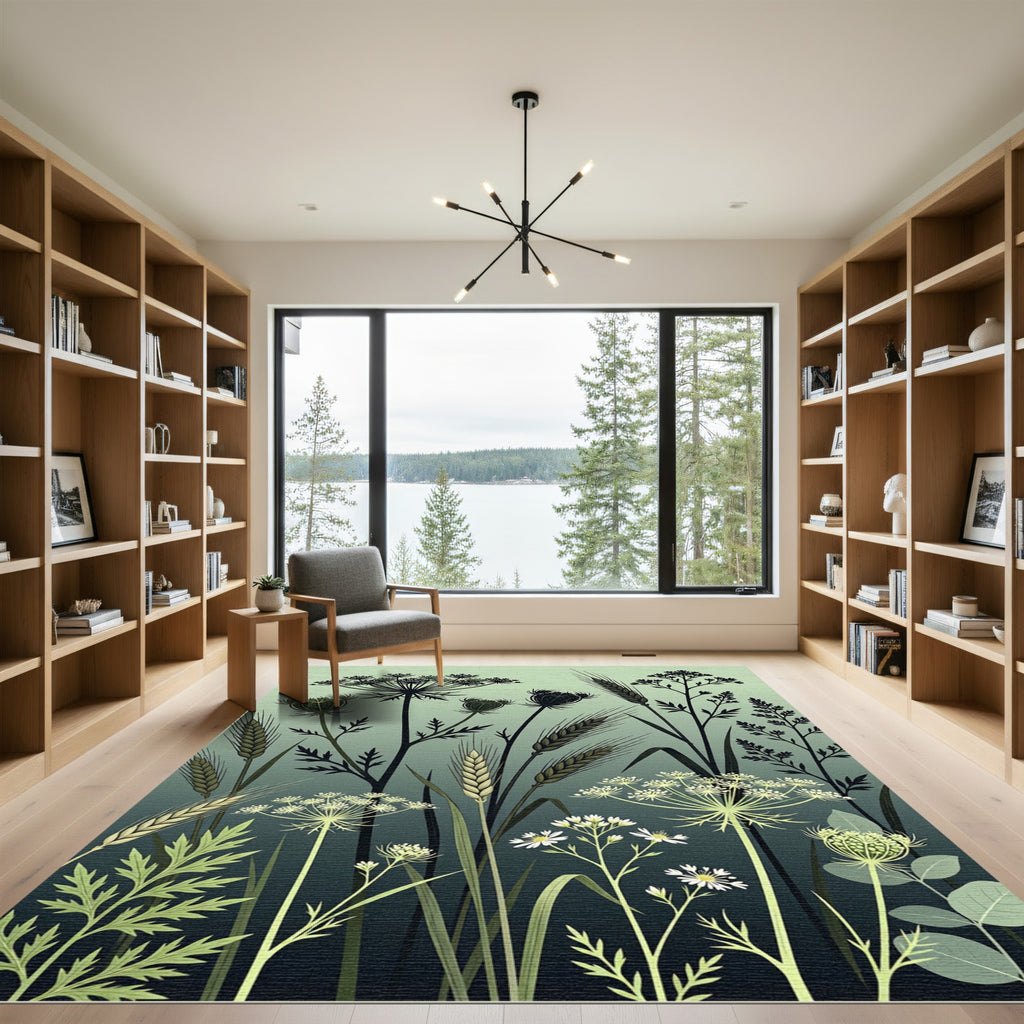 Earthy Green Meadow Wildflower Wheat Rug