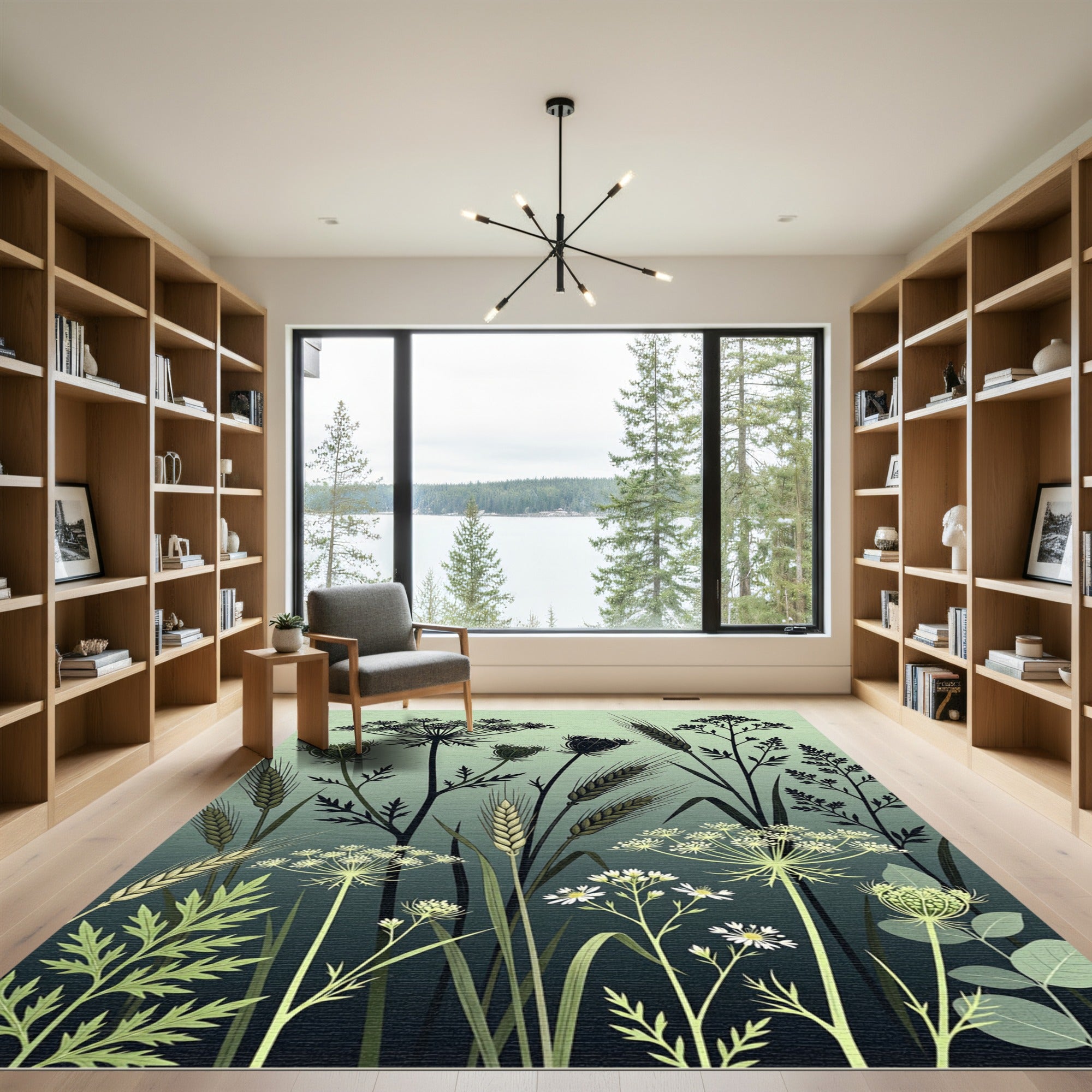 Earthy Green Meadow Wildflower Wheat Rug