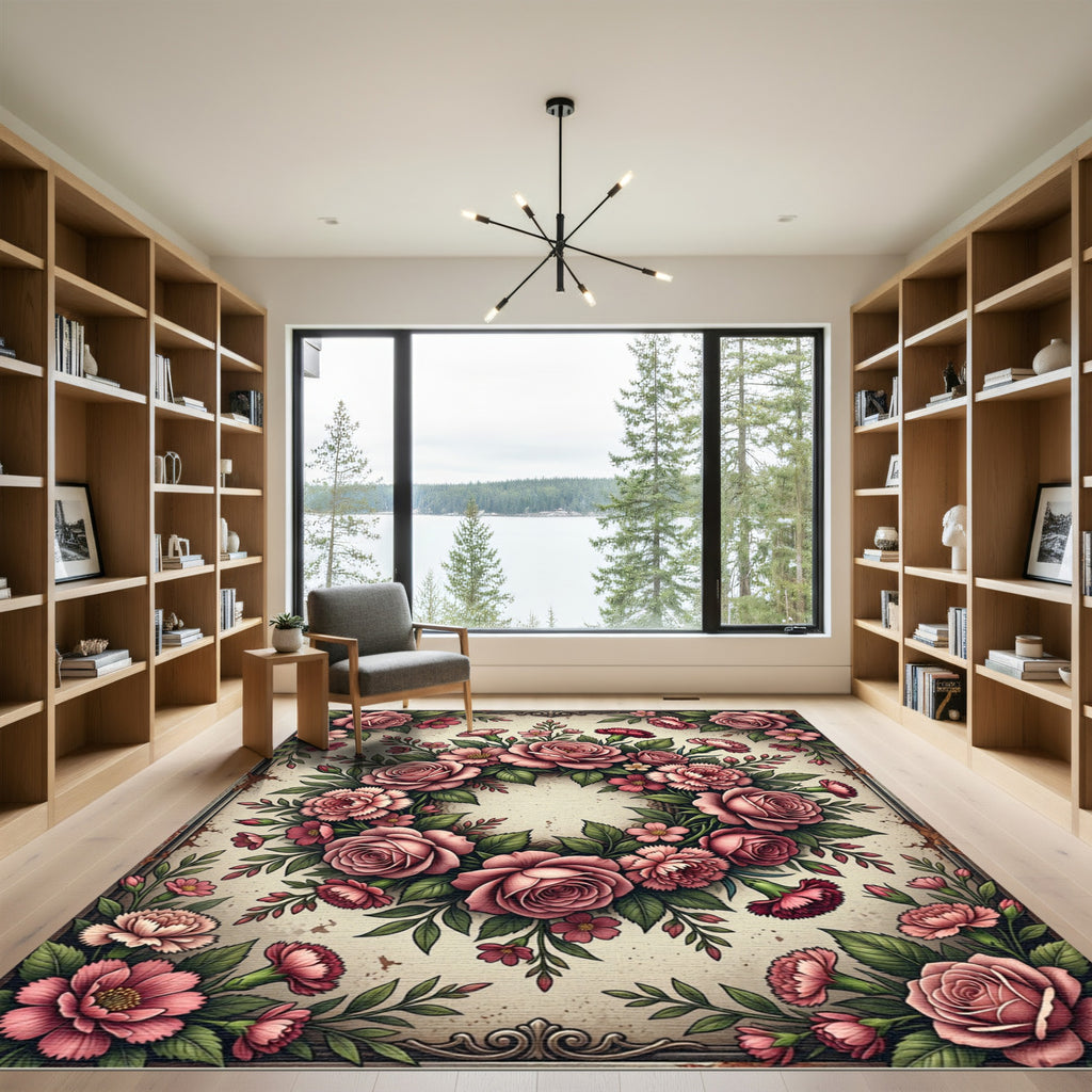 Vintage Blush Rose Floral Wreath Rug
