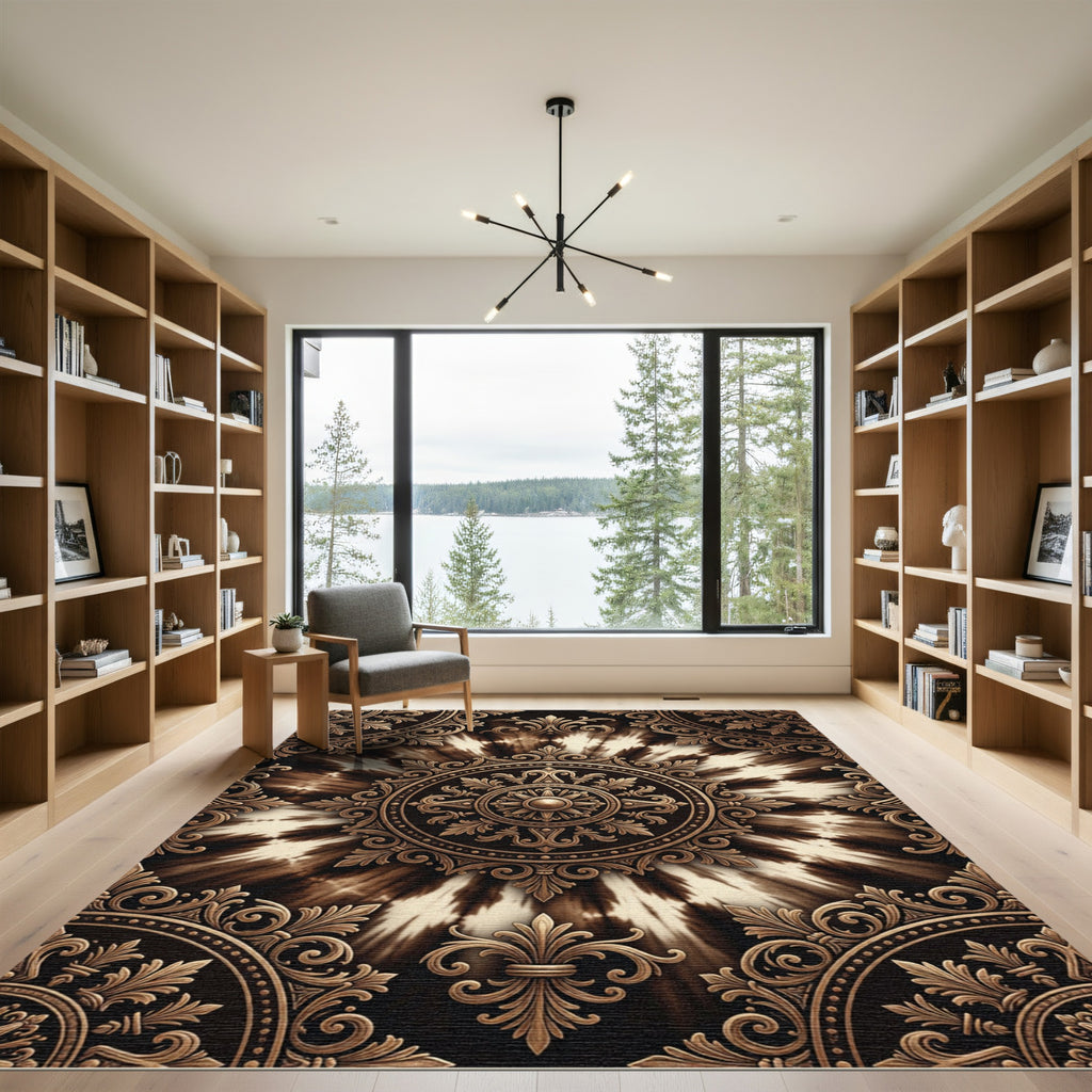 Ornate Golden Baroque Radial Sunburst Rug