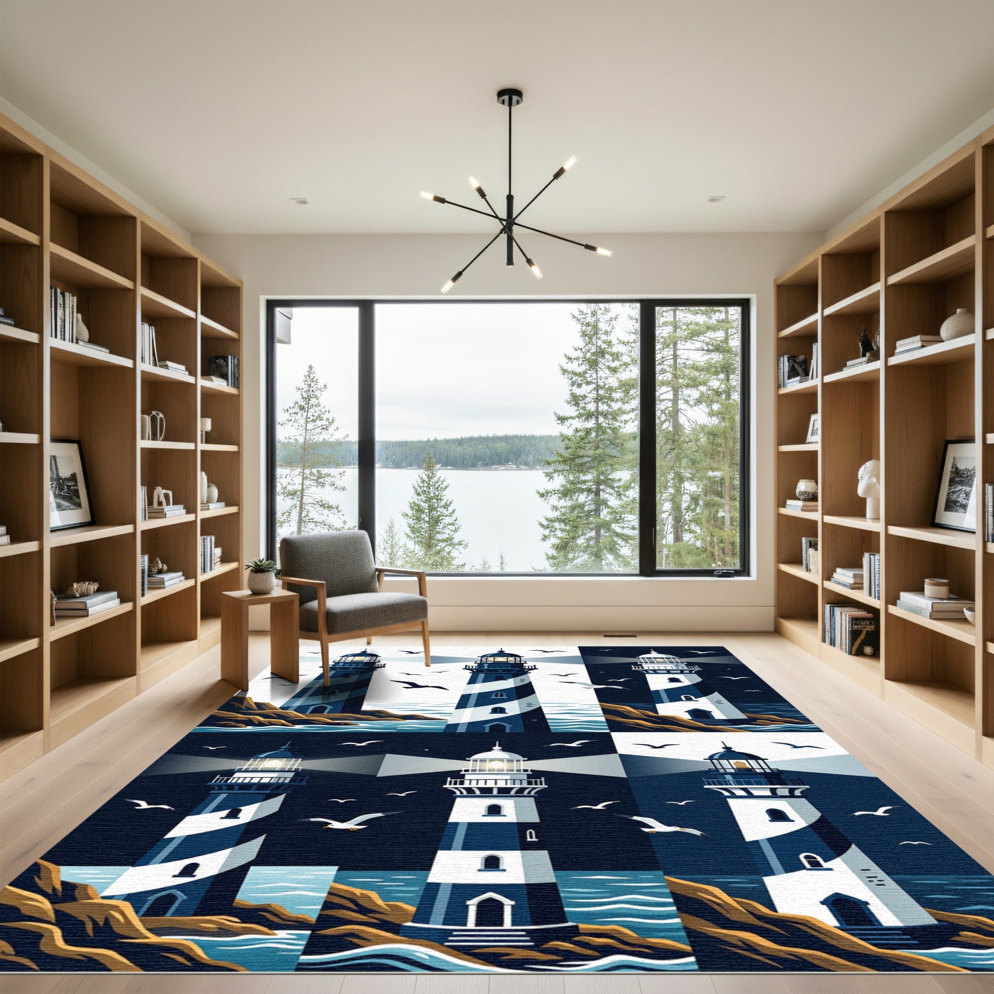 Coastal Nautical Lighthouse Seaside Scene Rug