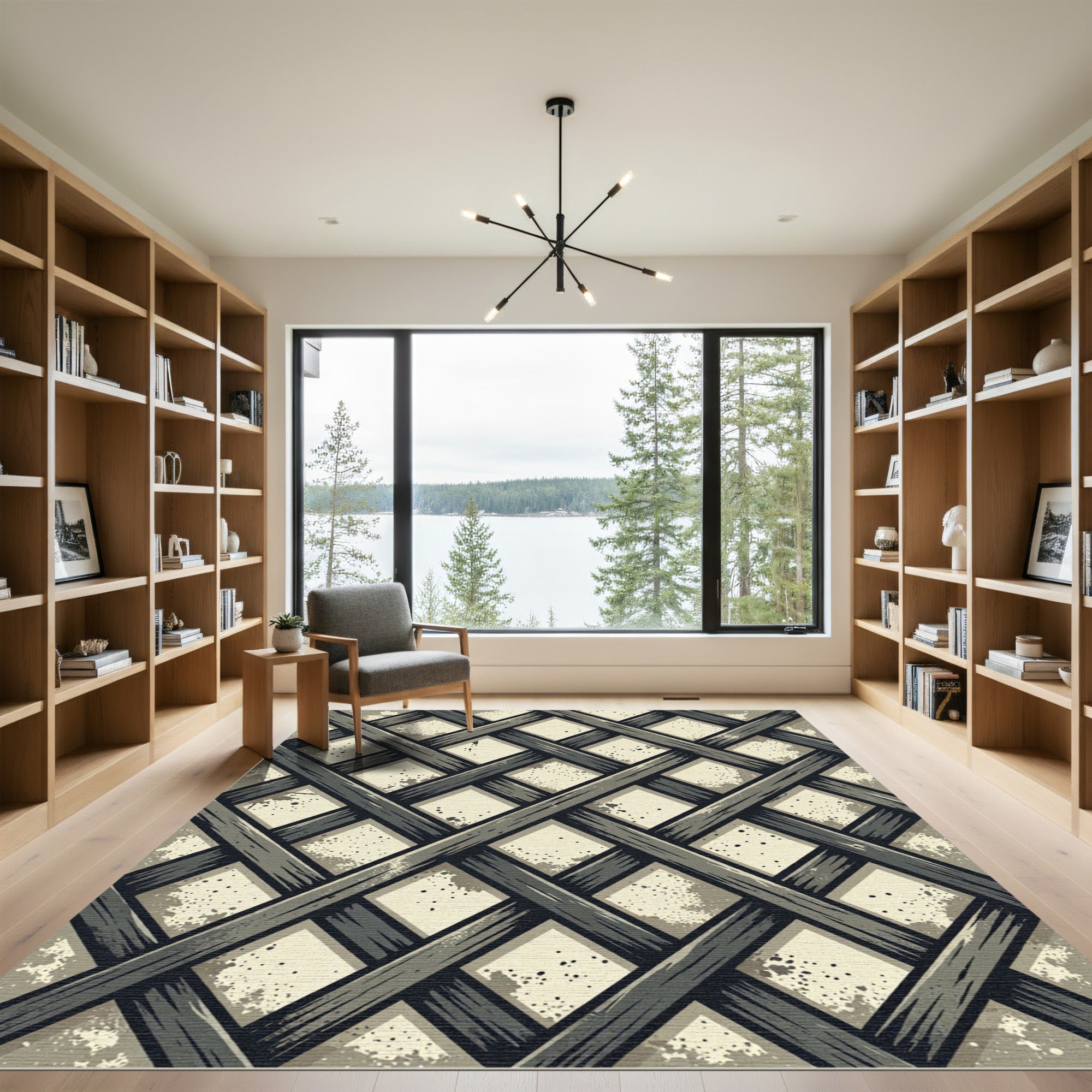 Modern Charcoal Lattice Grid Rug