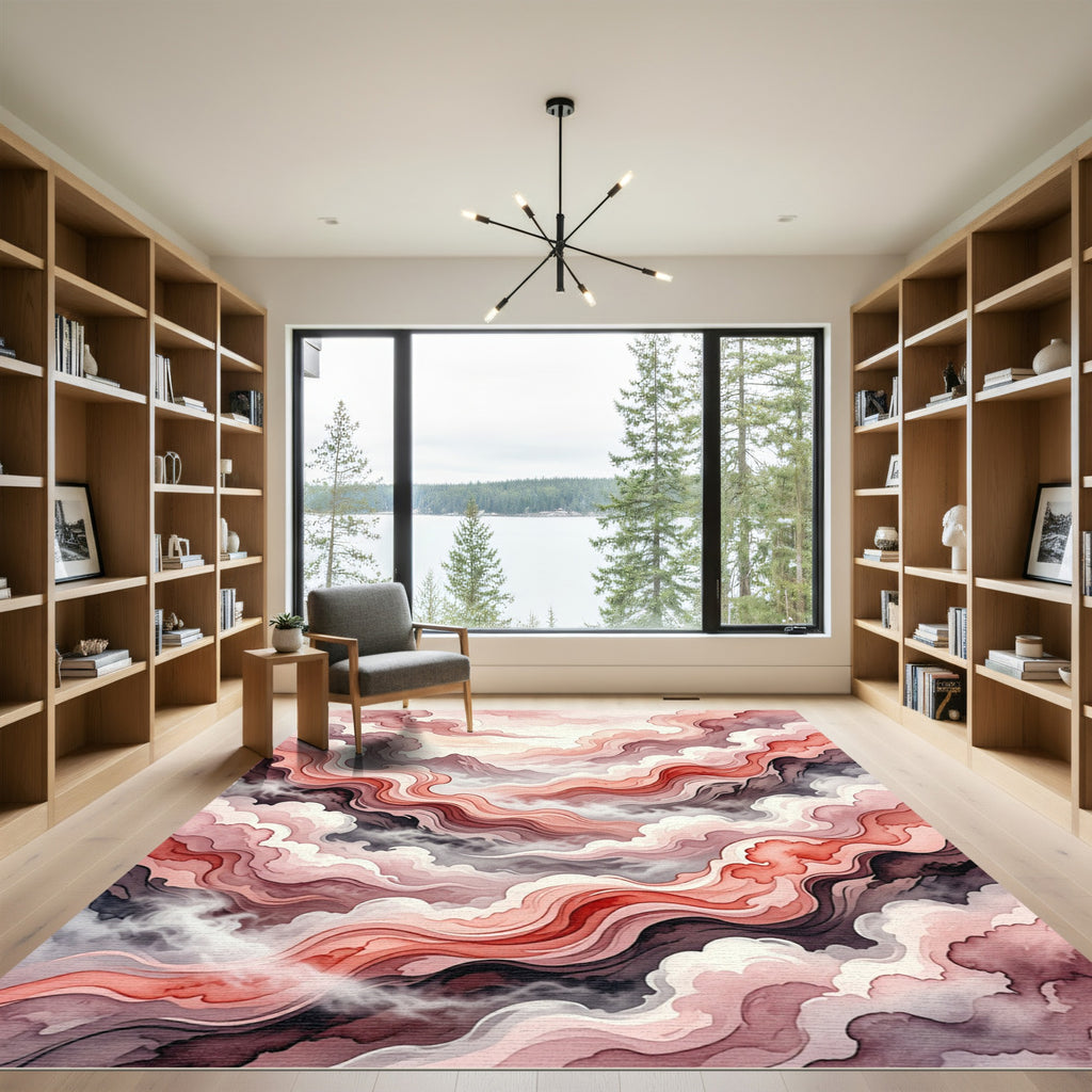 Crimson Cloudscape Watercolor Swirl Rug