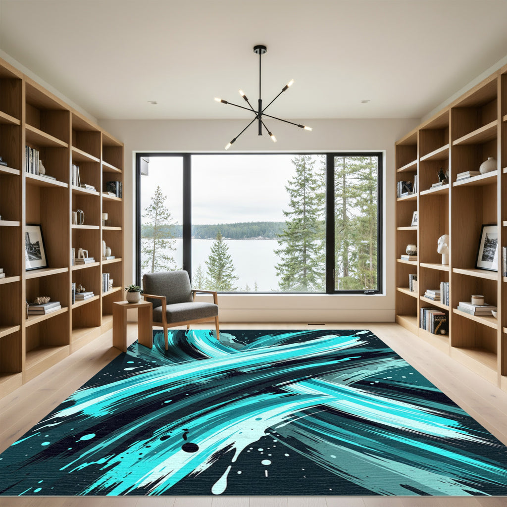 Abstract Cyan Brushstroke Swirls Rug