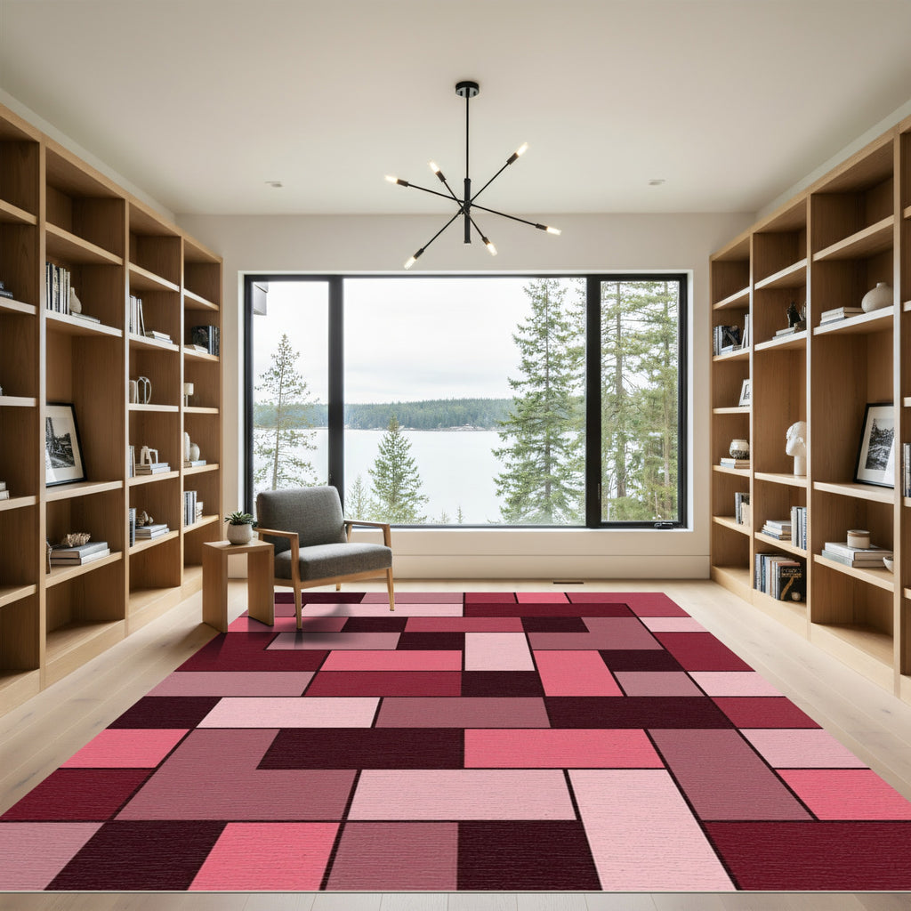 Crimson Pink Geometric Rectangles Rug