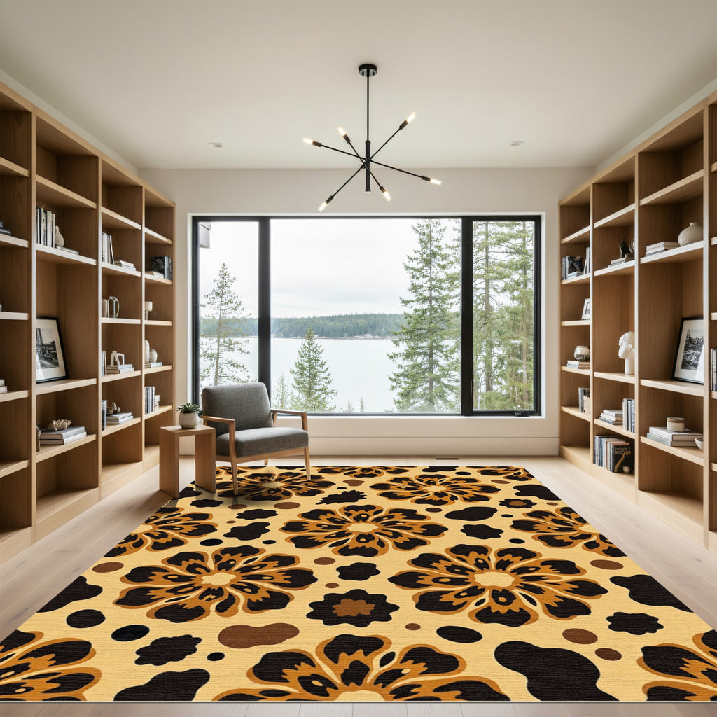 Golden Brown Floral Animal Print Rug