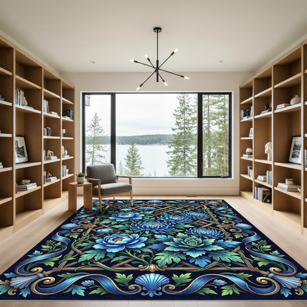 Ornate Blue Chrysanthemum Garden Lattice Rug
