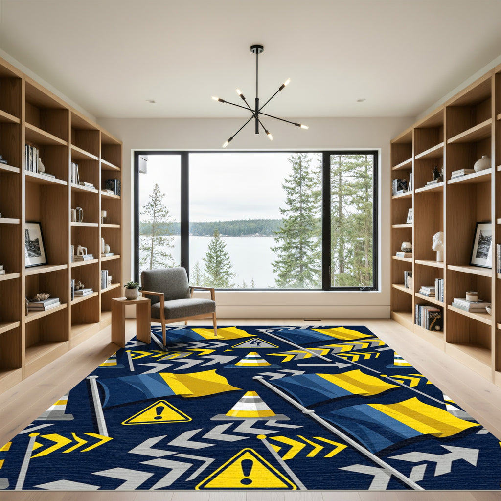 Dynamic Blue and Yellow Traffic Graphic Rug