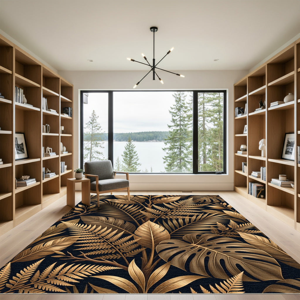 Golden Tropical Foliage Botanical Art Rug