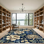 Dark Blue Cream Floral Chinoiserie Garden Rug