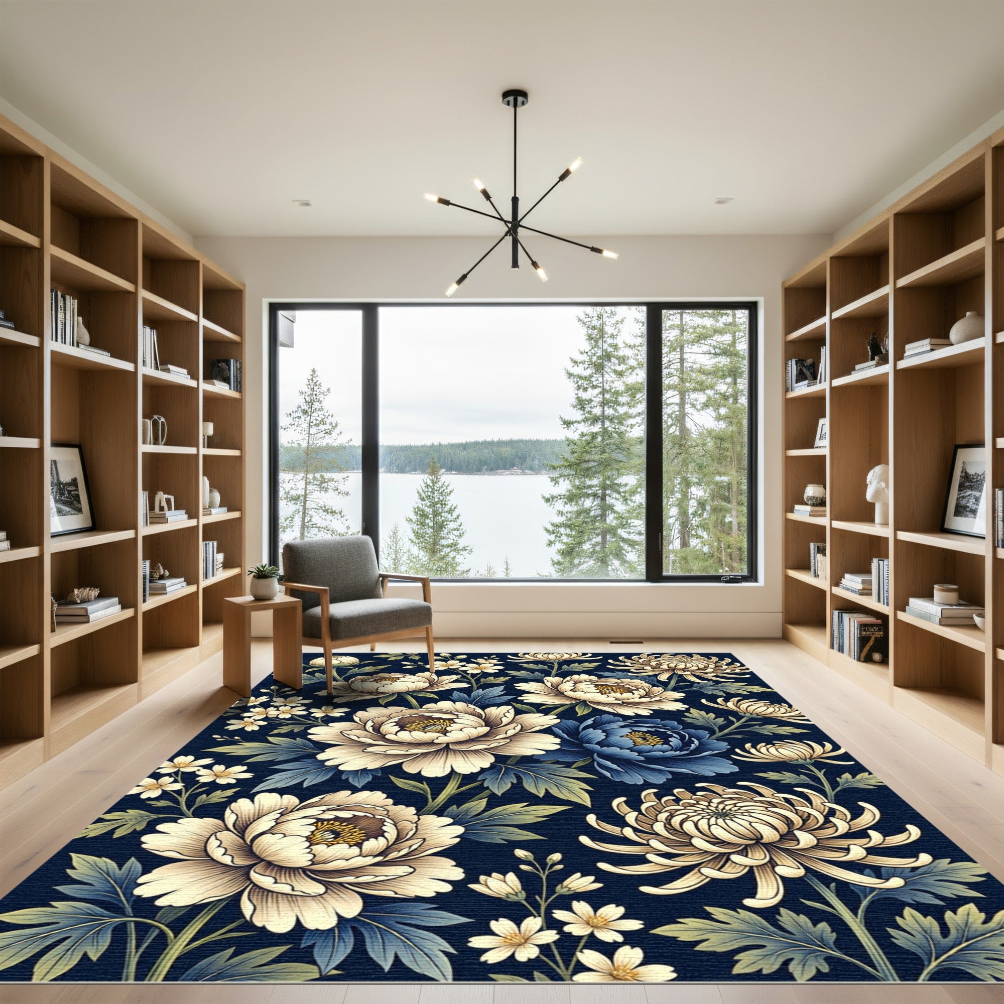 Dark Blue Cream Floral Chinoiserie Garden Rug