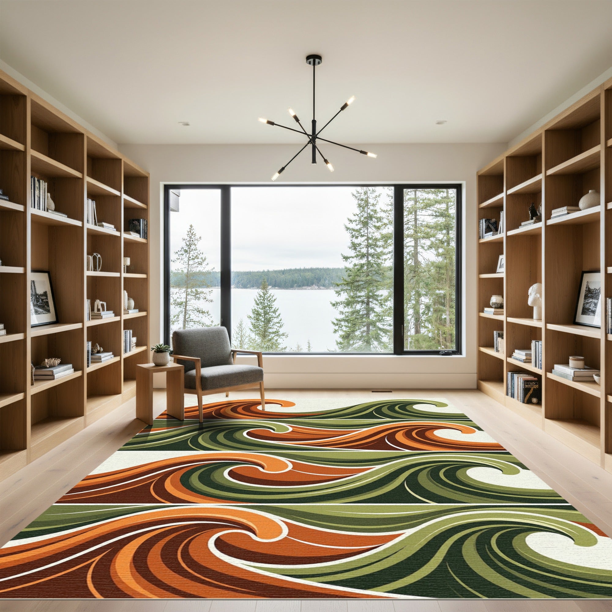 Earthy Swirling Amber and Sage Waves Rug