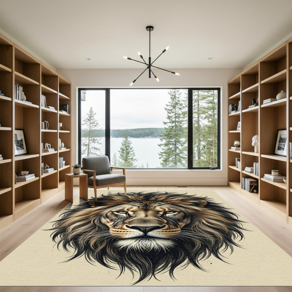 Majestic Golden Lion Portrait Focal Art Rug