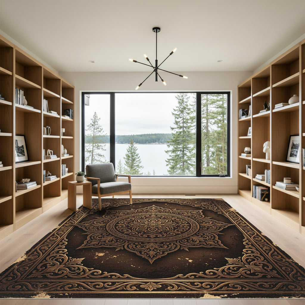 Ornate Bronze Floral Mandala Emblem Rug