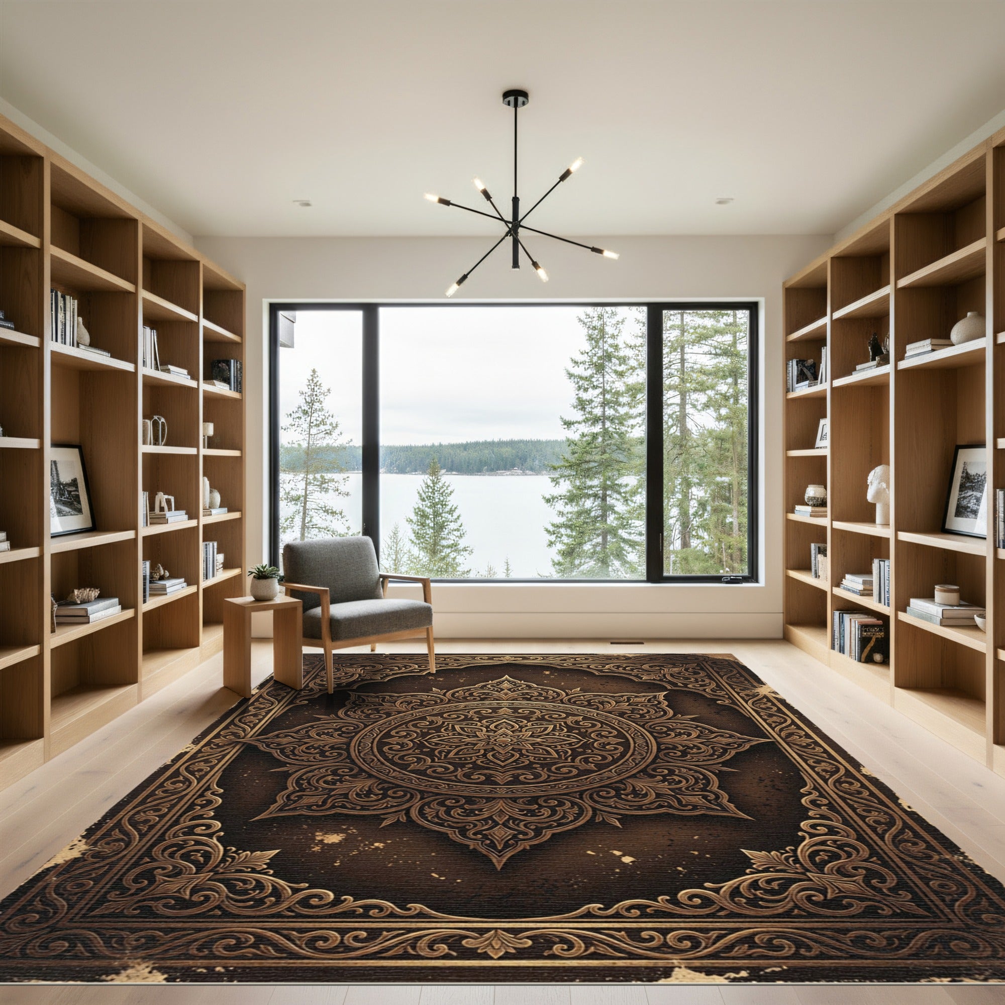 Ornate Bronze Floral Mandala Emblem Rug