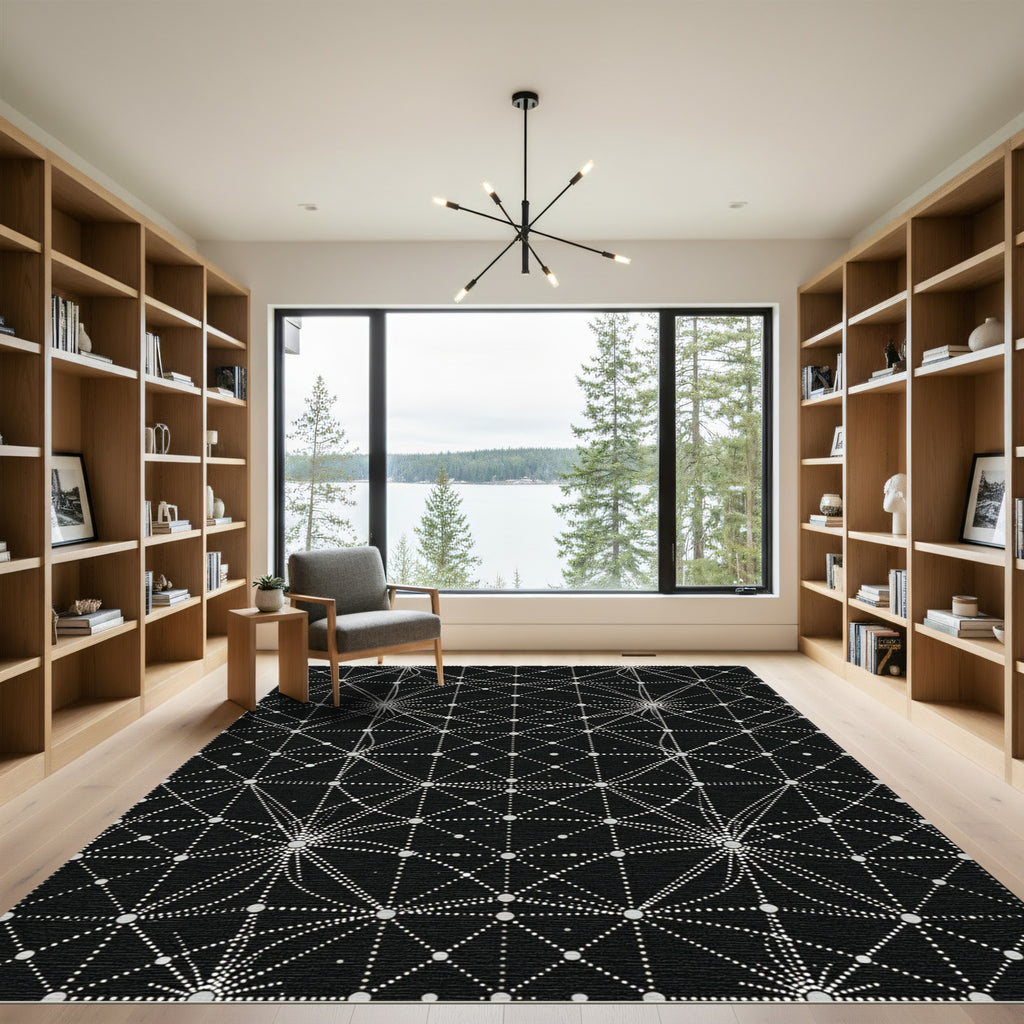 Dotted Black Celestial Starburst Pattern Rug