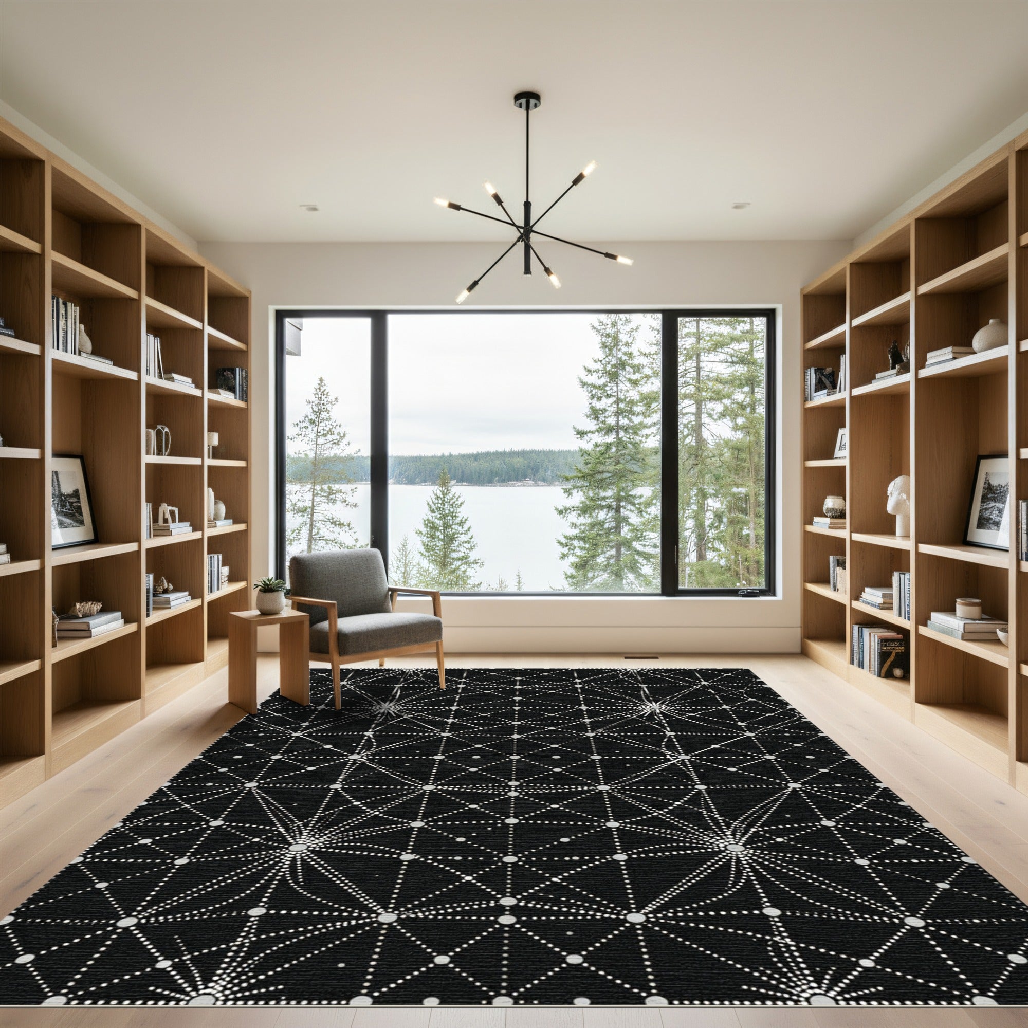 Dotted Black Celestial Starburst Pattern Rug