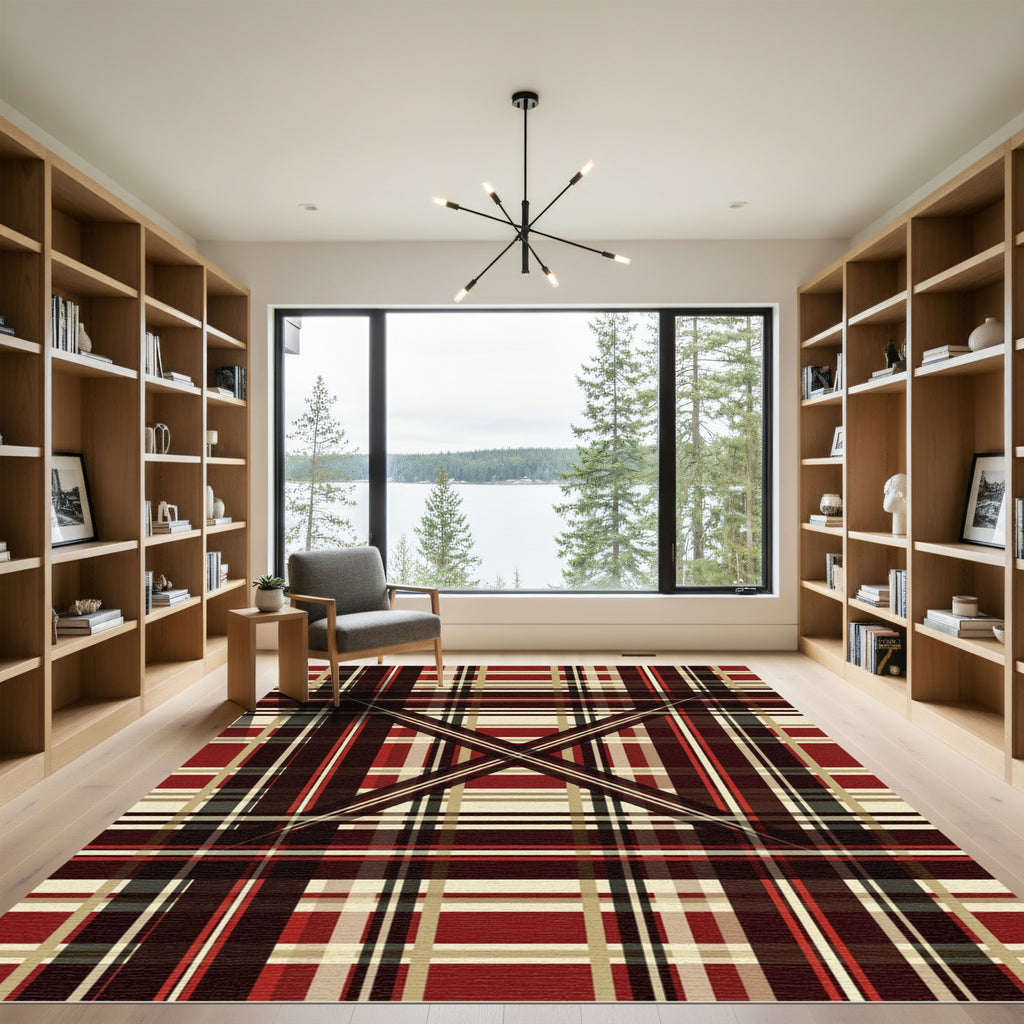 Crimson Tan Plaid Intersecting Lines Rug