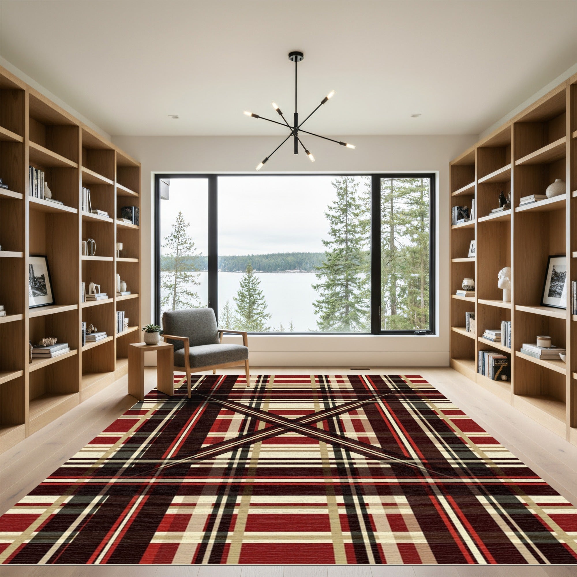 Crimson Tan Plaid Intersecting Lines Rug
