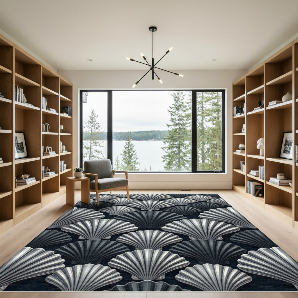 Monochrome Gray Scallop Shell Arrangement Rug