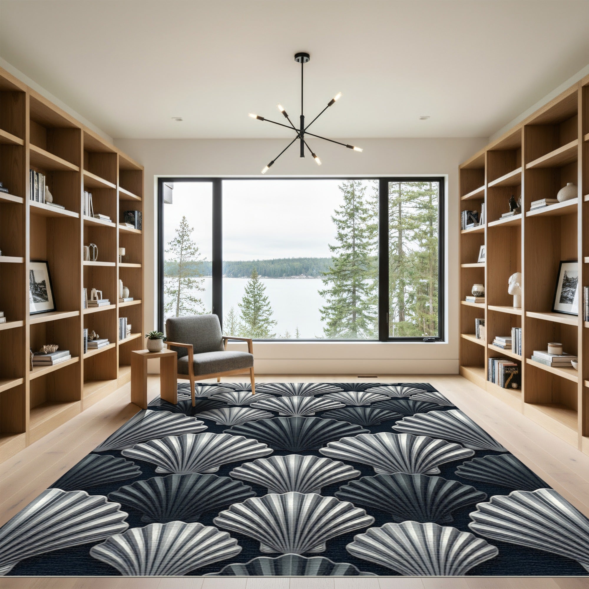 Monochrome Gray Scallop Shell Arrangement Rug