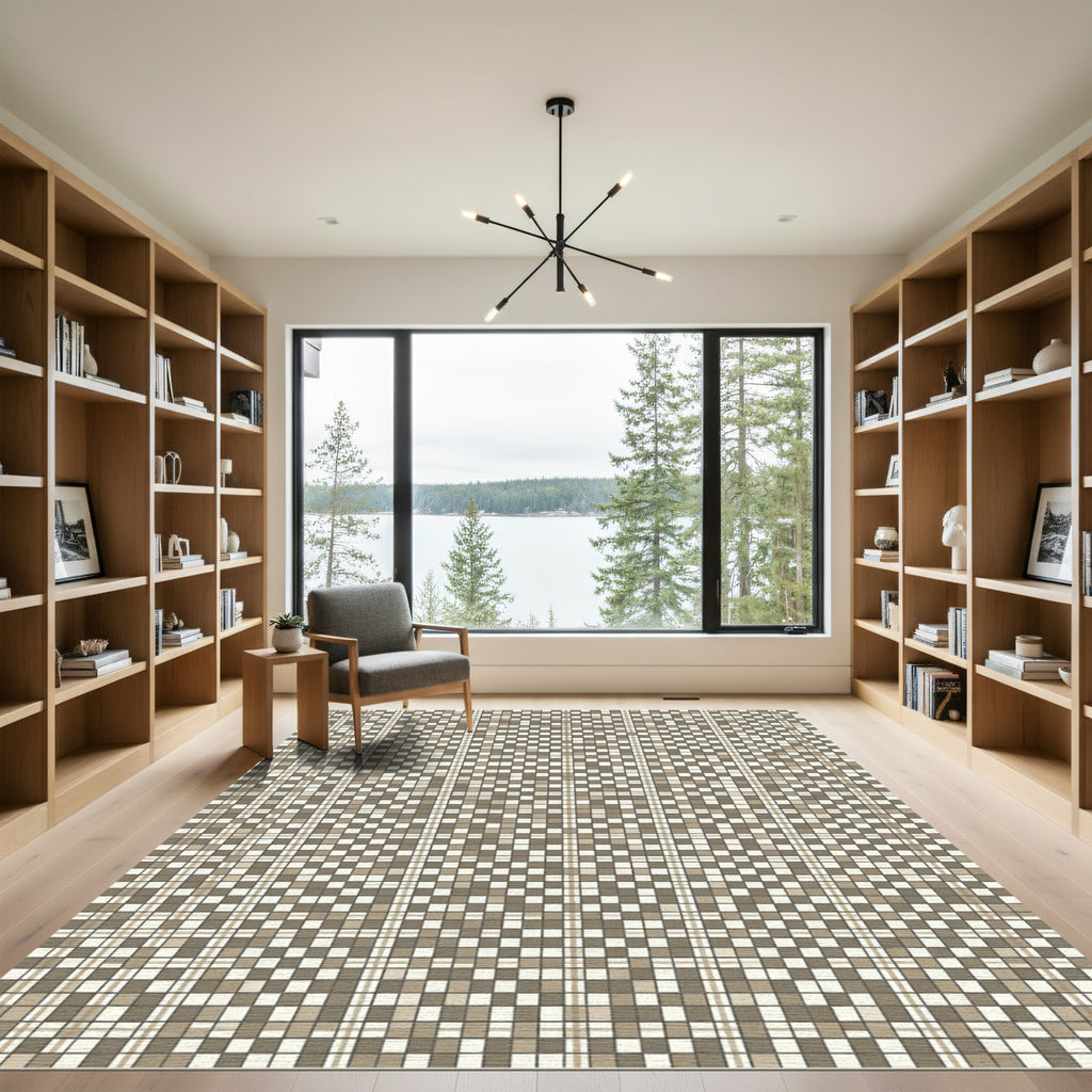 Neutral Tan Plaid Checkered Squares Rug