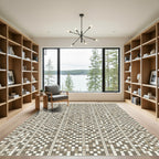 Neutral Tan Plaid Checkered Squares Rug