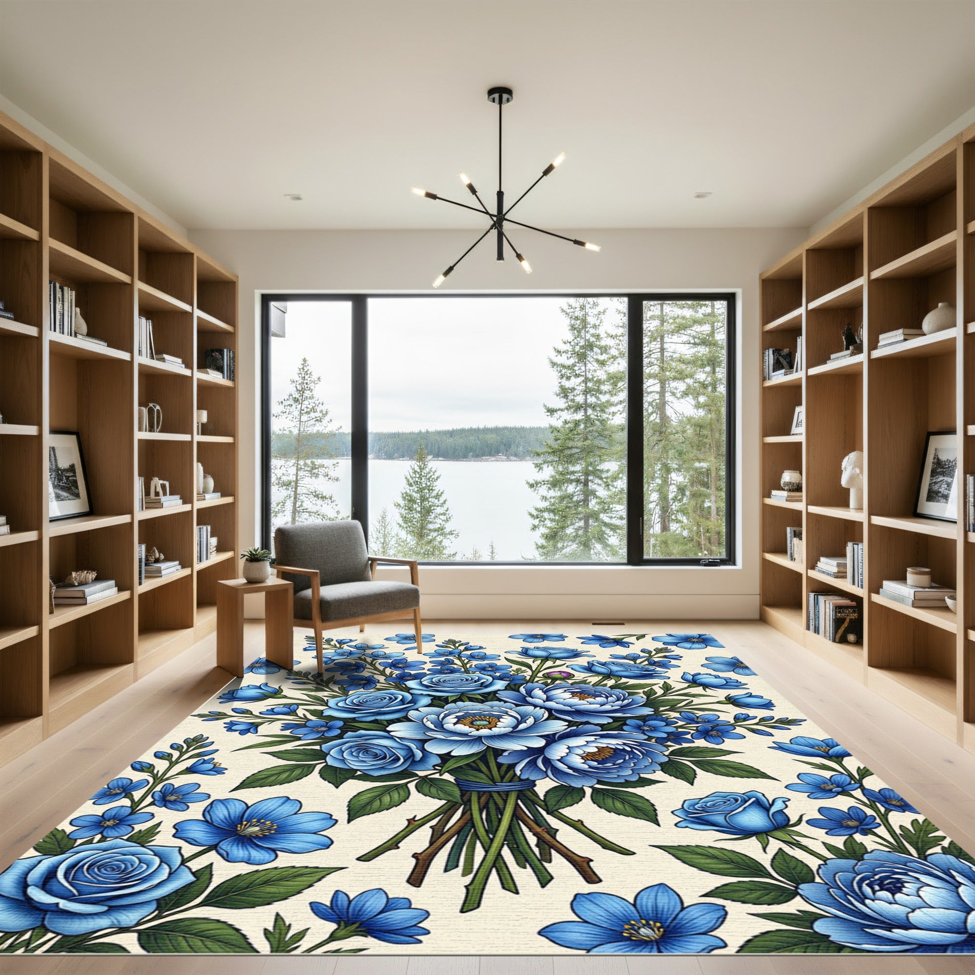 Elegant Blue Floral Bouquet Arrangement Rug