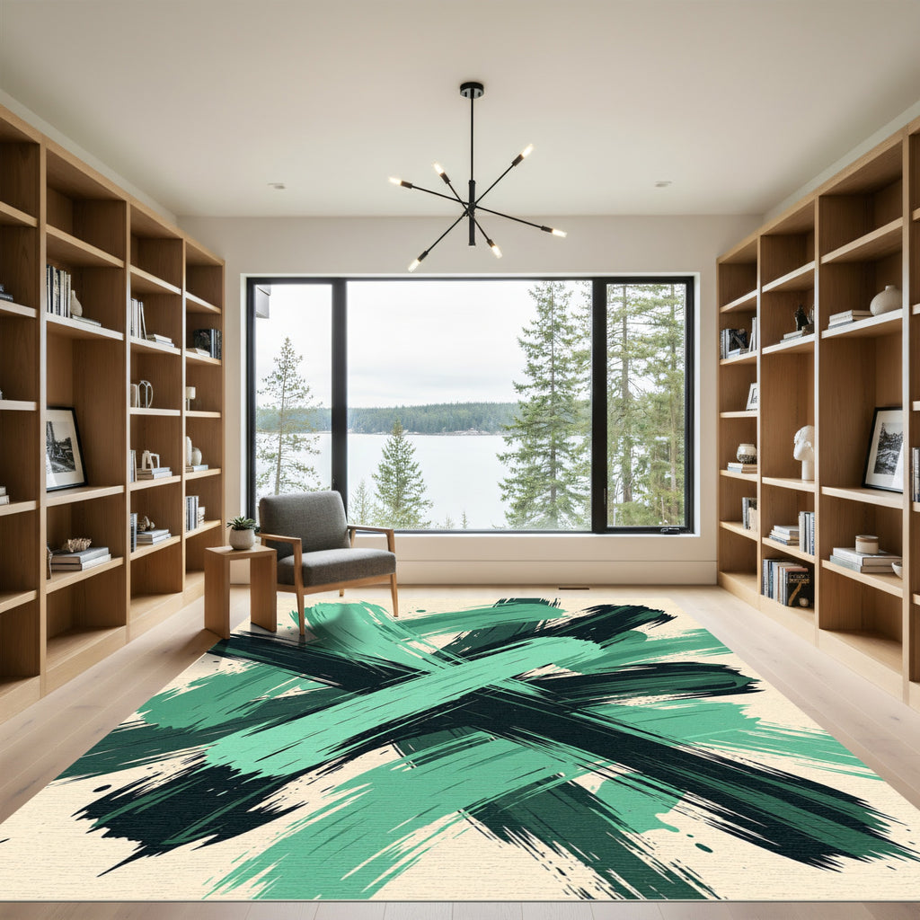Abstract Emerald Black Brush Stroke Rug
