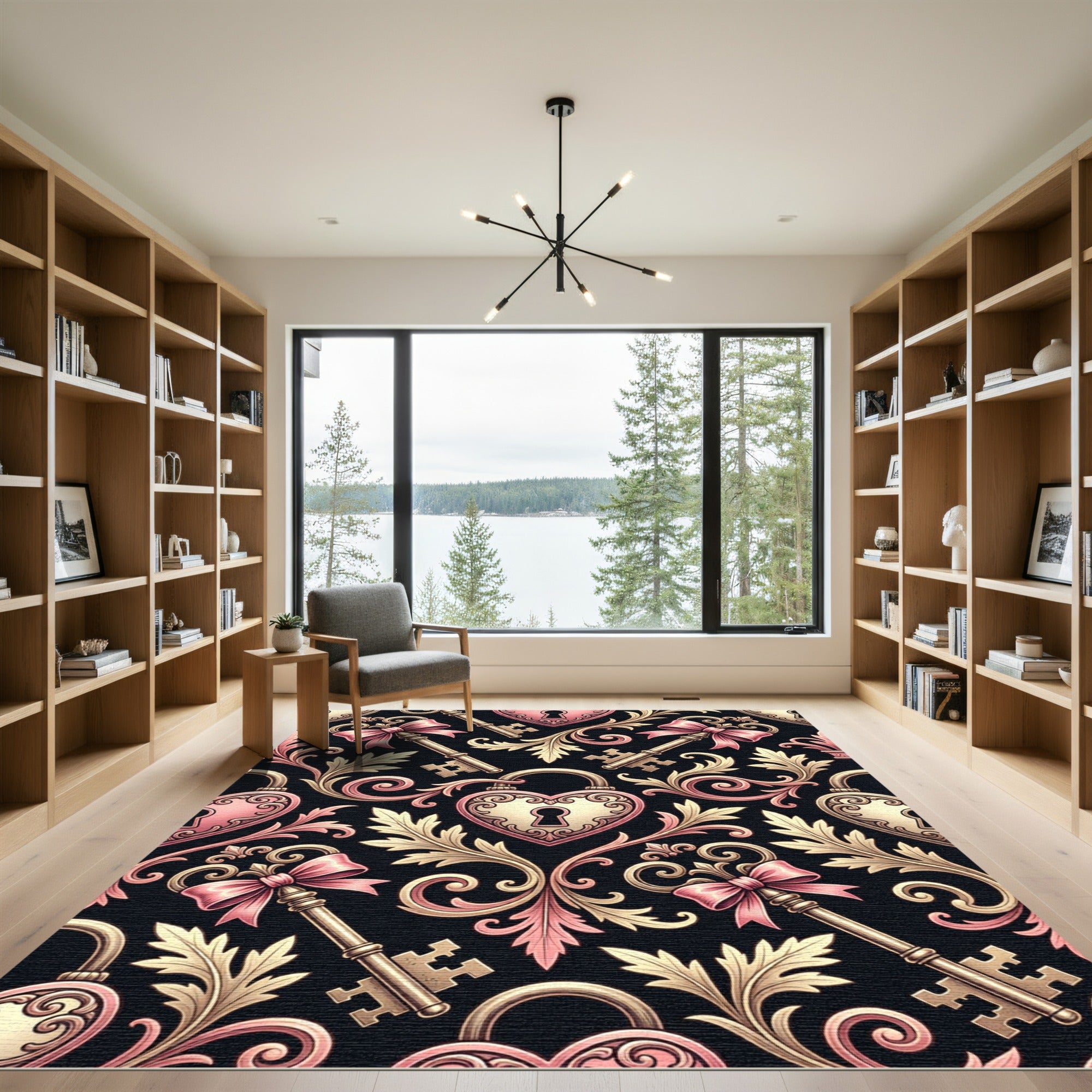 Vintage Pink Gold Heart Key Scrolls Rug