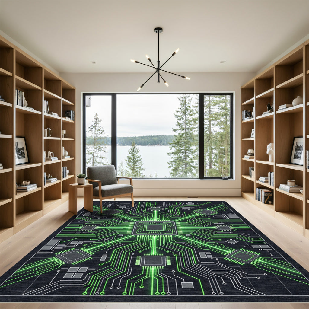 Neon Circuit Board Geometric Grid Rug