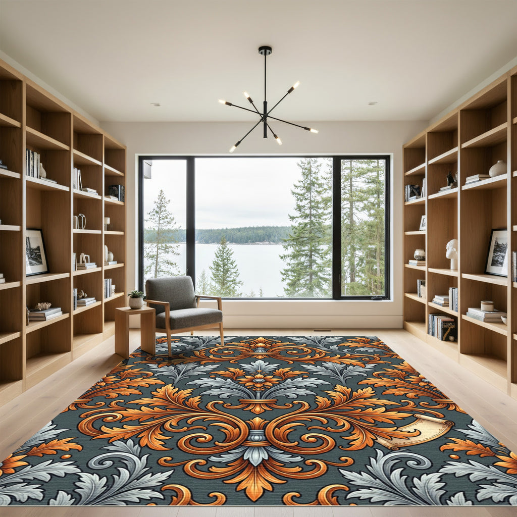 Ornate Gold and Silver Damask Rug