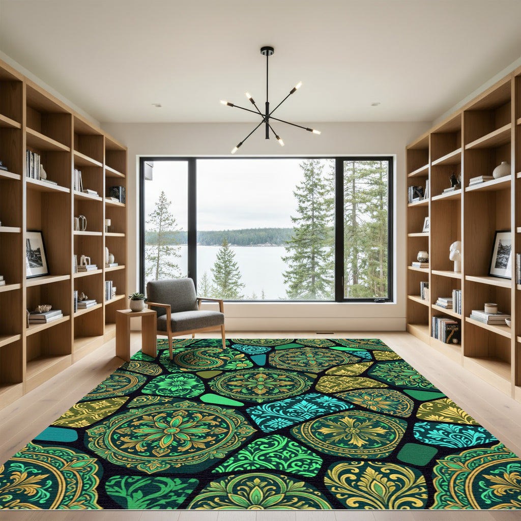Emerald Green Floral Mosaic Rug