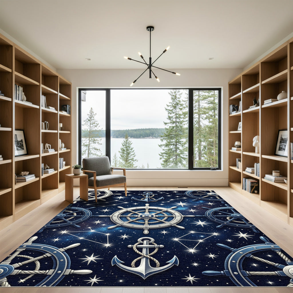 Nautical Starry Night Ships Wheels Anchors Rug