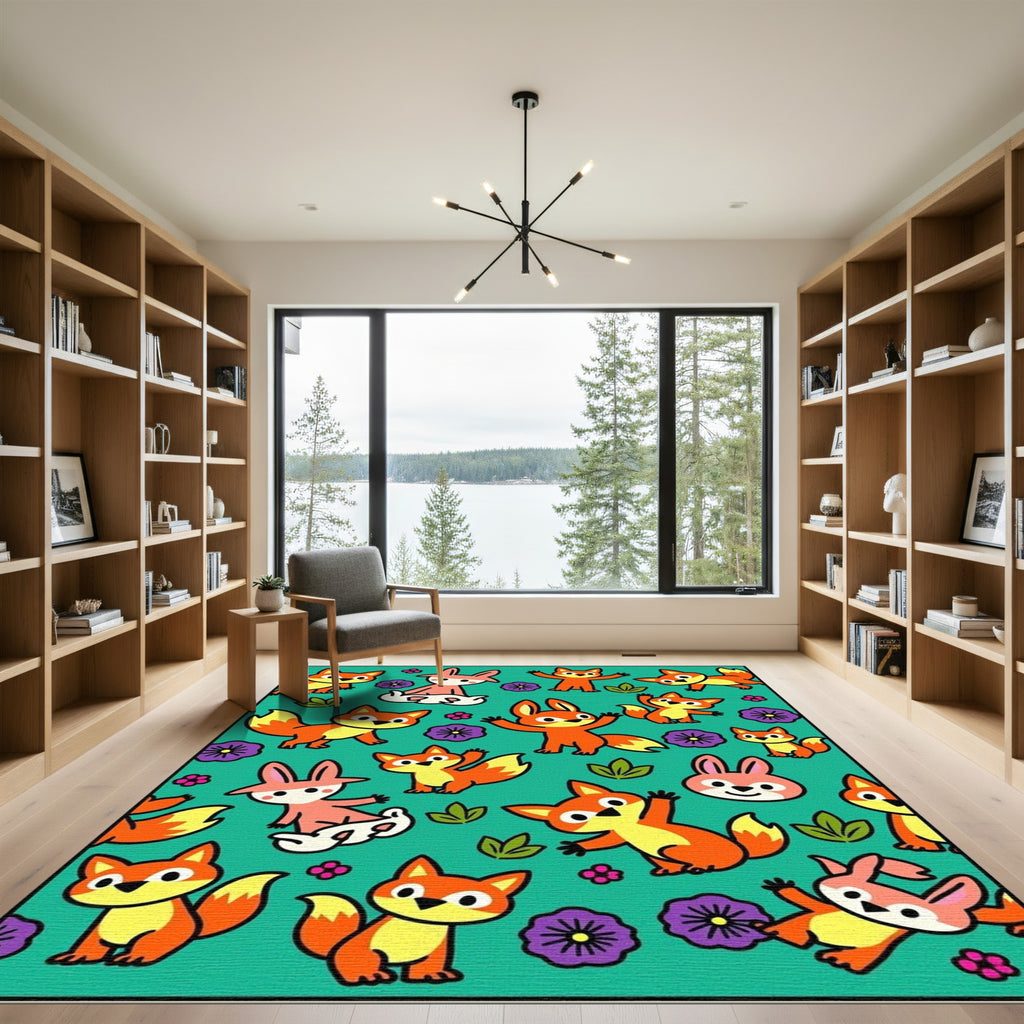 Cute Orange Fox Bunnies Flowers Teal Rug