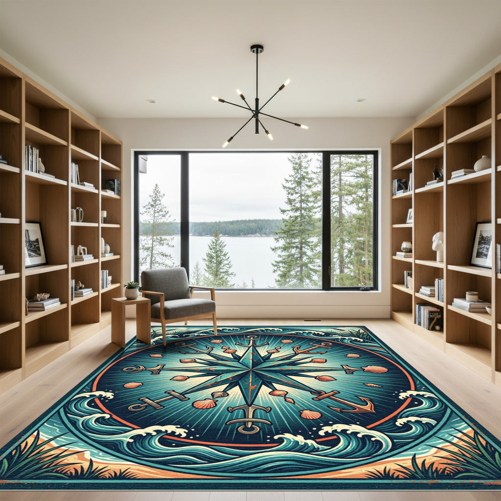 Nautical Compass Anchor Teal Ocean Wave Rug