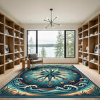 Nautical Compass Anchor Teal Ocean Wave Rug