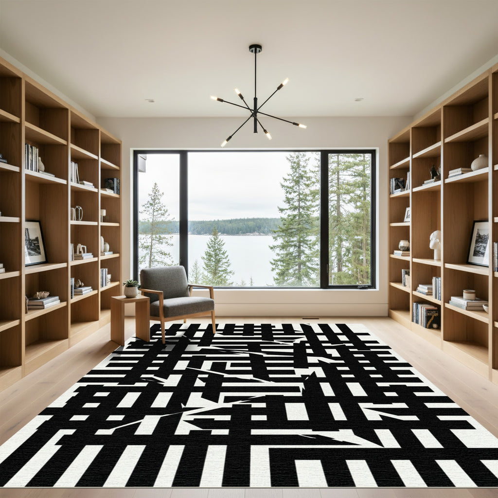Monochromatic Abstract Black White Intersecting Lines Rug