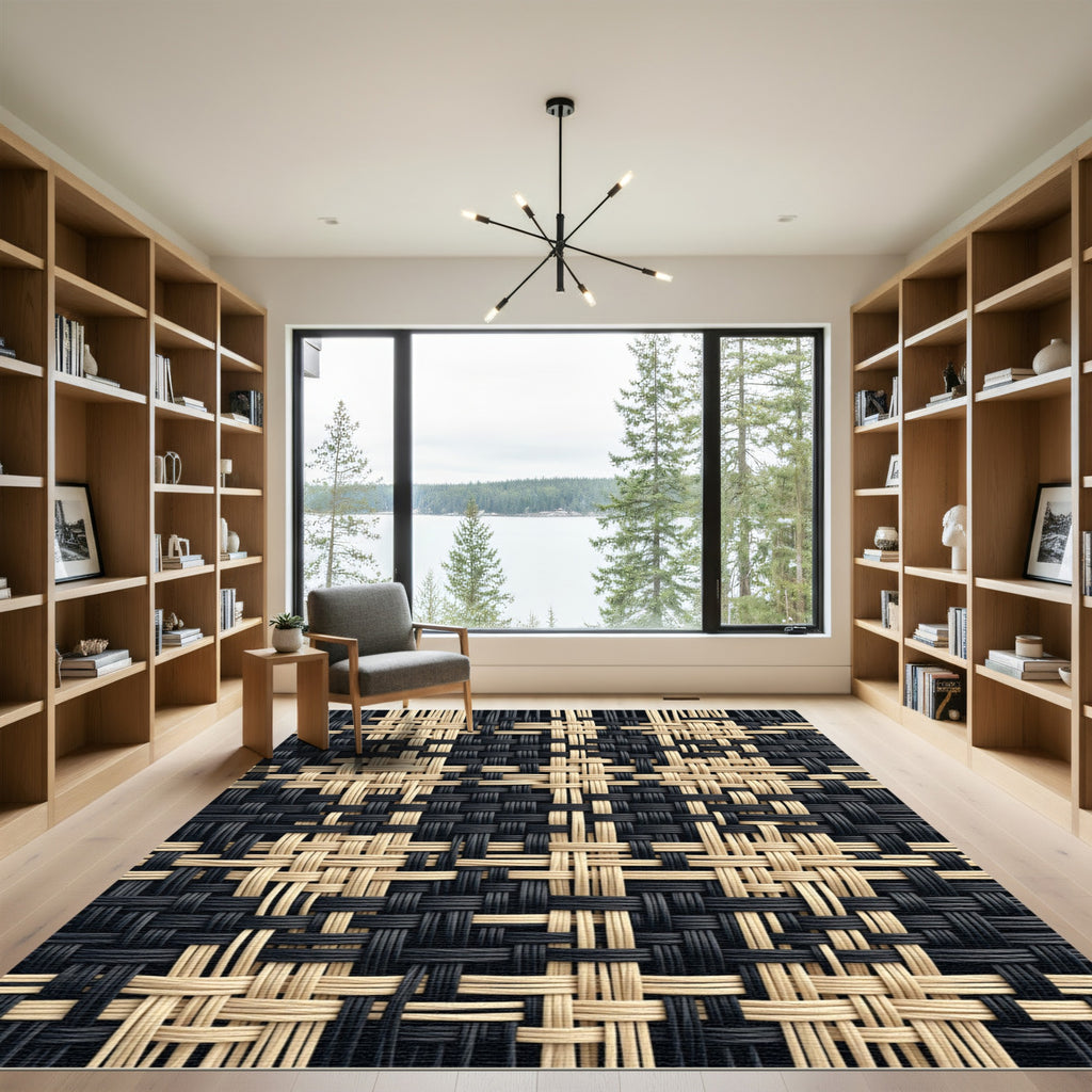 Modern Black and Beige Woven Grid Rug