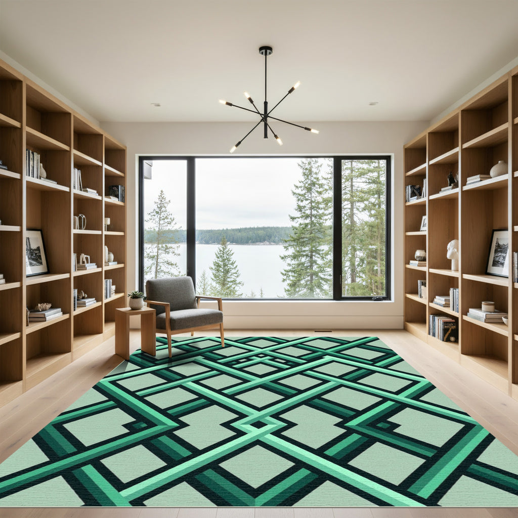 Modern Emerald Green Interlocking Geometric Links Rug