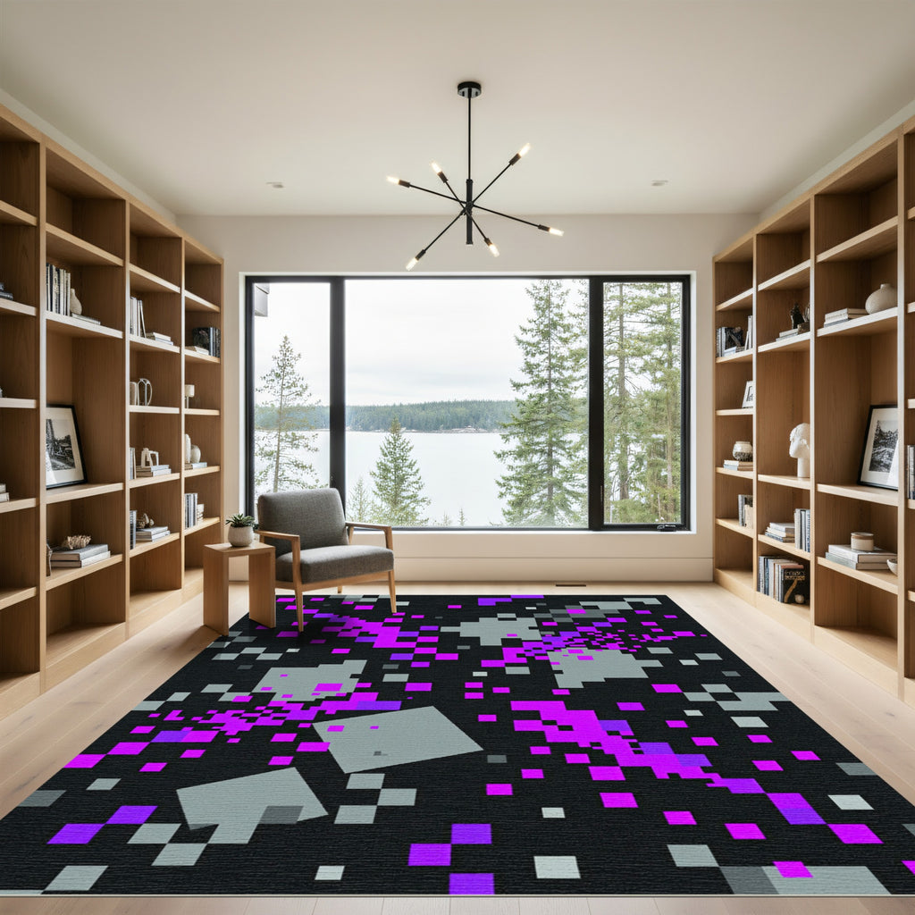 Modern Neon Purple Digital Pixel Grid Rug