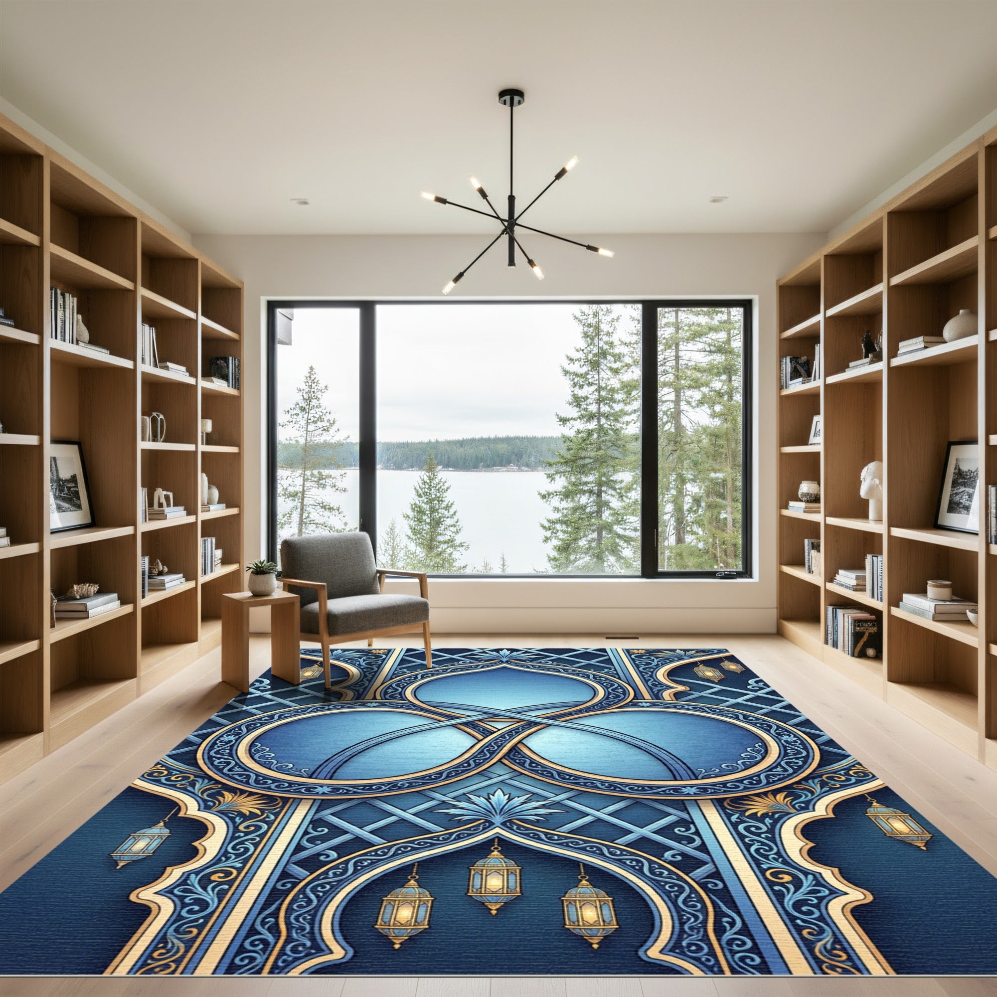Deep Blue Gold Lantern Medallion Rug