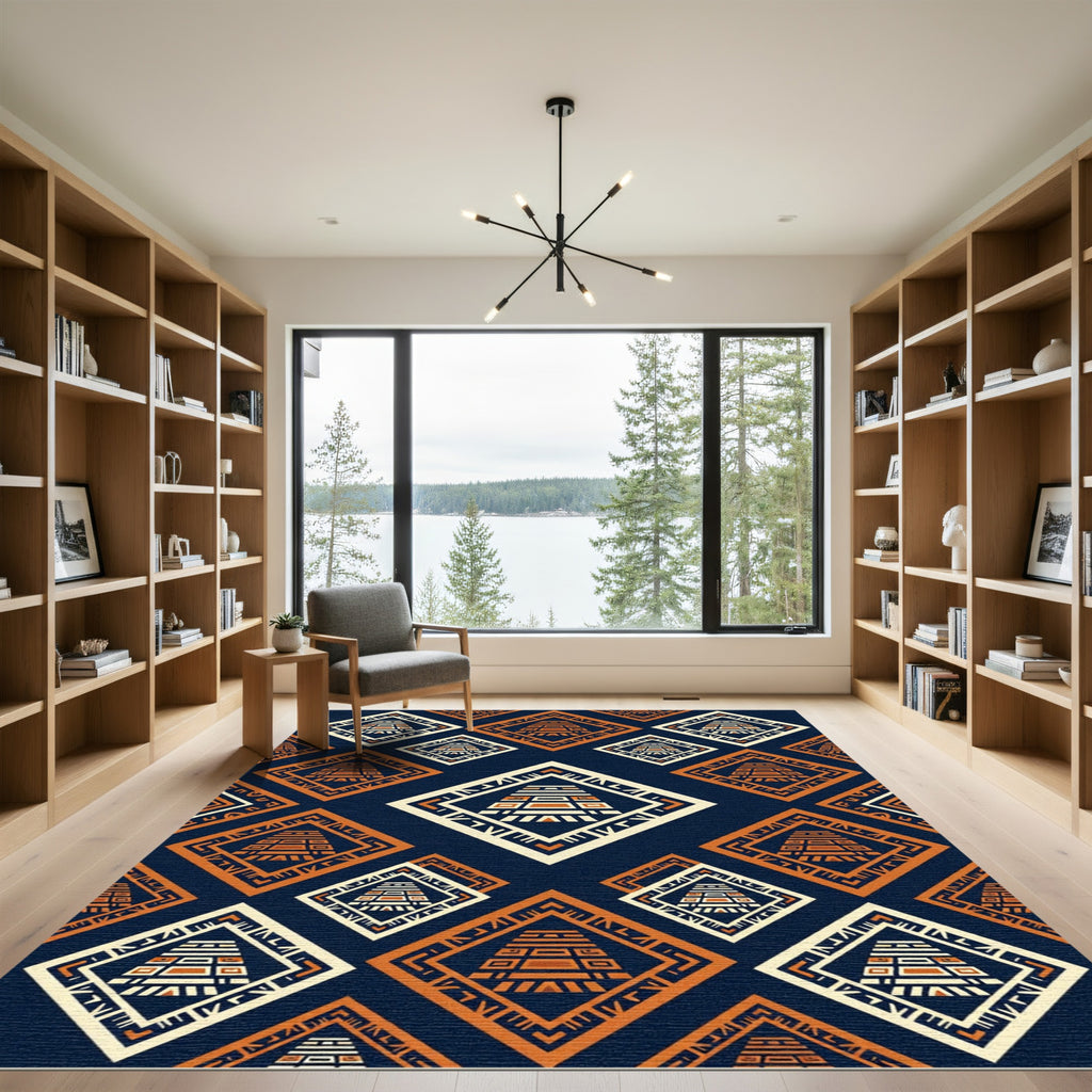Geometric Aztec Step Pyramid Navy Gold Rug