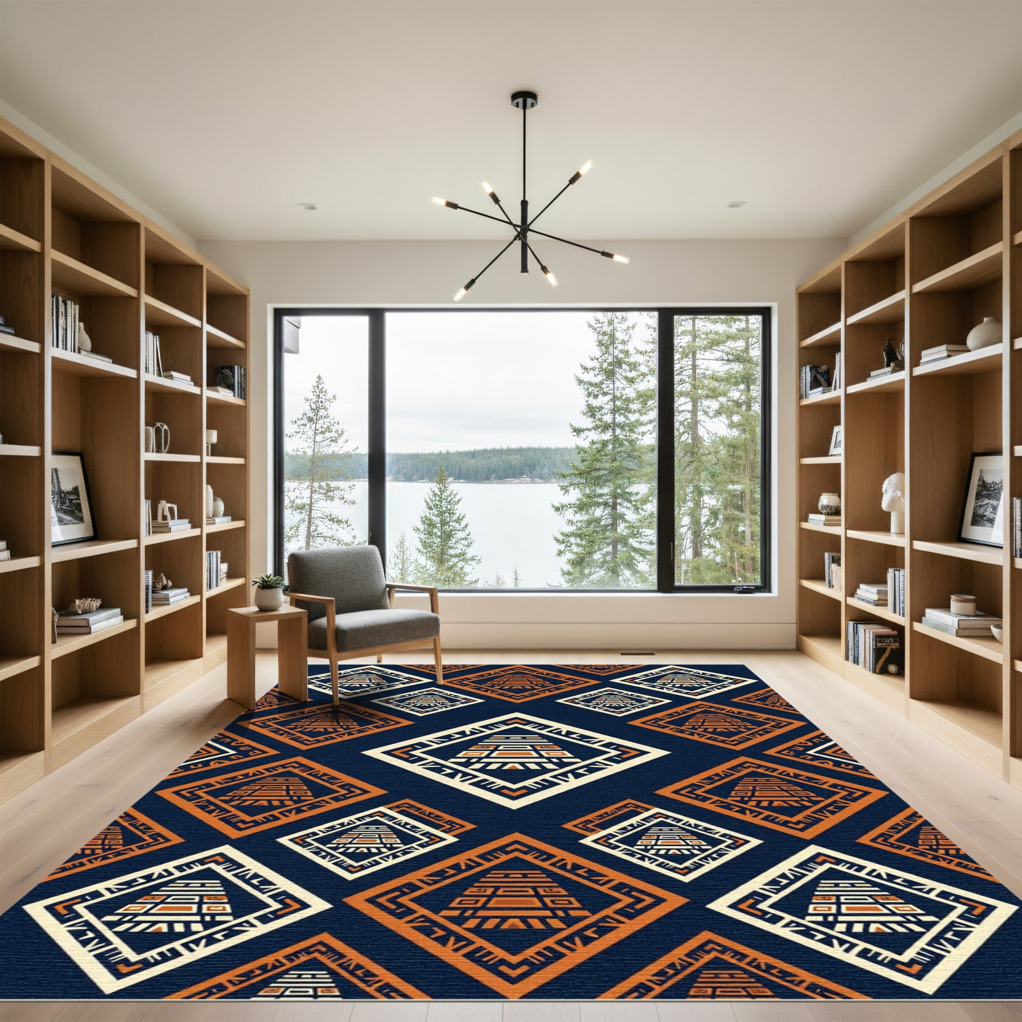 Geometric Aztec Step Pyramid Navy Gold Rug