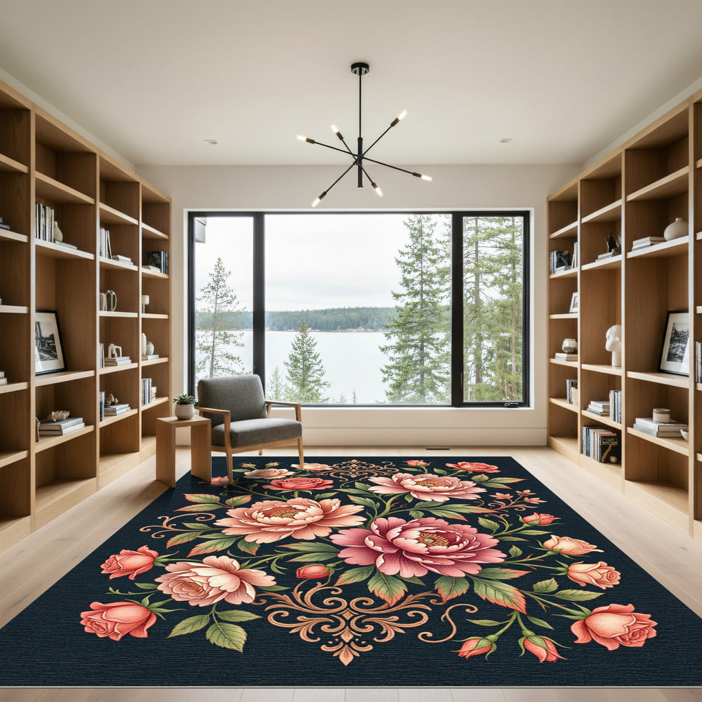 Coral Blush Peony Rose Scrollwork Rug