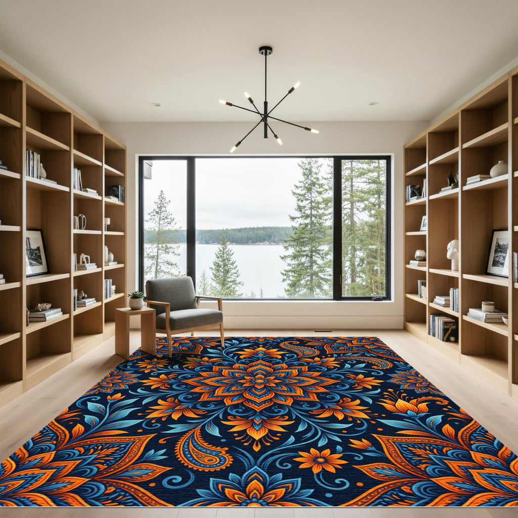 Vibrant Orange Blue Floral Paisley Rug